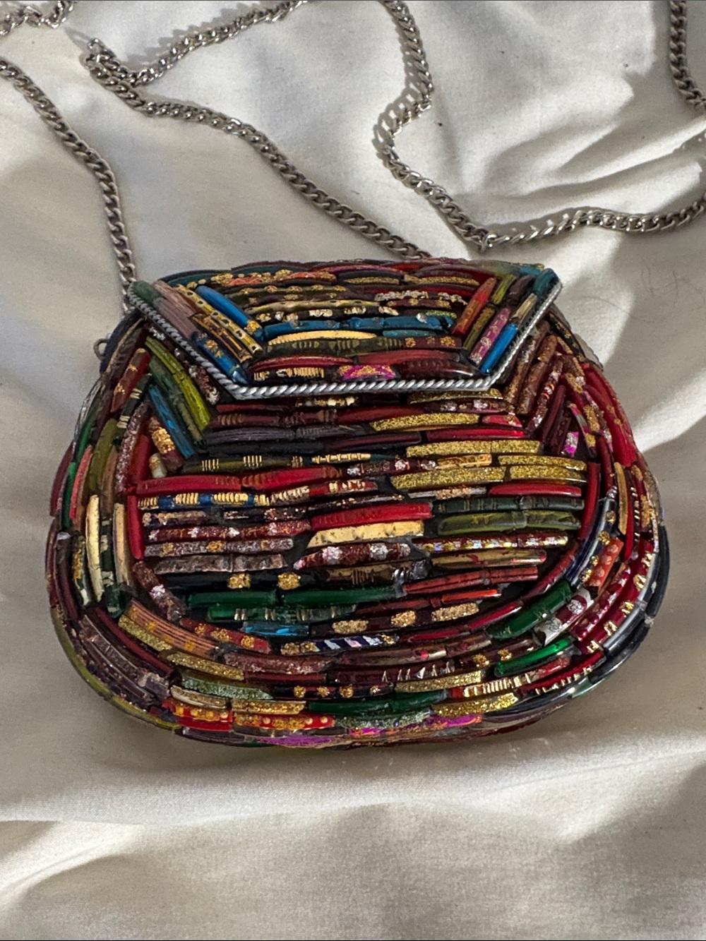 Multicolor Tara Glass Beaded Round Crossbody Bag with Chain Strap